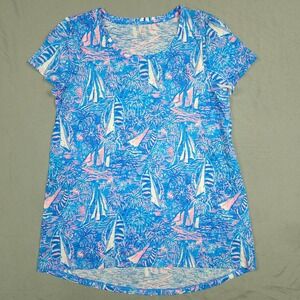 Lilly Pulitzer Etta Shirt Women Small Blue Pink Boca Blue Its a Sailabration Tee
